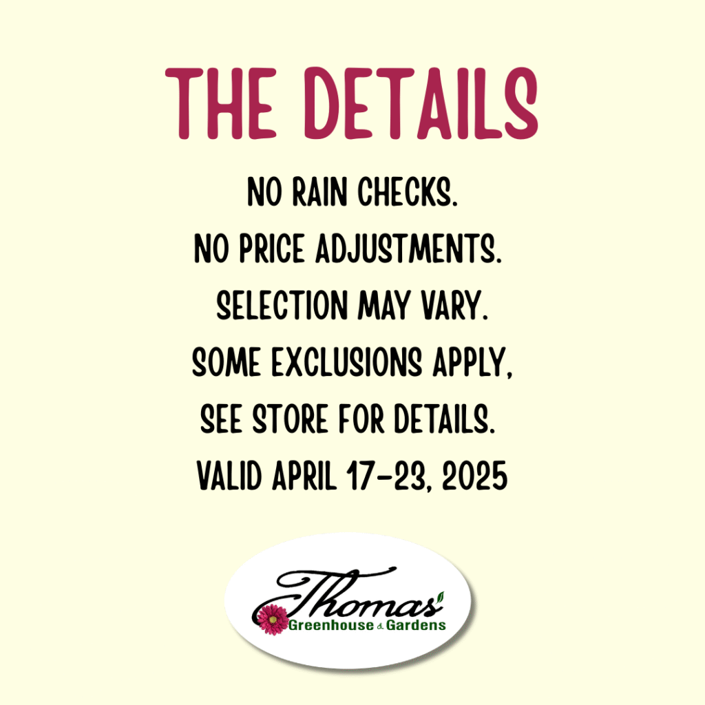 10 Graphic from Thomas’ Greenhouse & Gardens with the heading “The Details.” Text reads: No rain checks. No price adjustments. Selection may vary. Some exclusions apply, see store for details. Valid April 17–23, 2025. The Thomas’ logo is centered at the bottom.