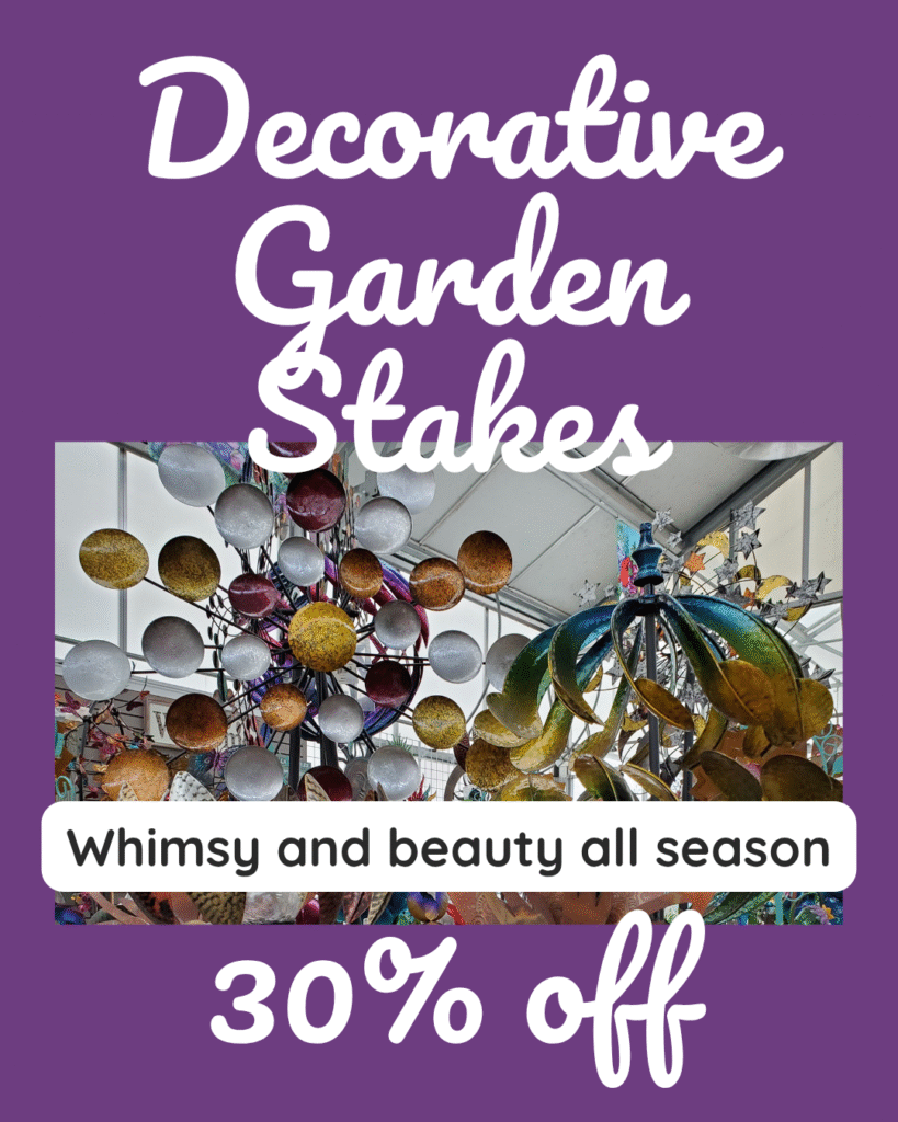 10 Purple background featuring a colorful display of metal garden stakes and wind spinners. Text reads “Decorative Garden Stakes – 30% Off” with the tagline “Whimsy and beauty all season.”