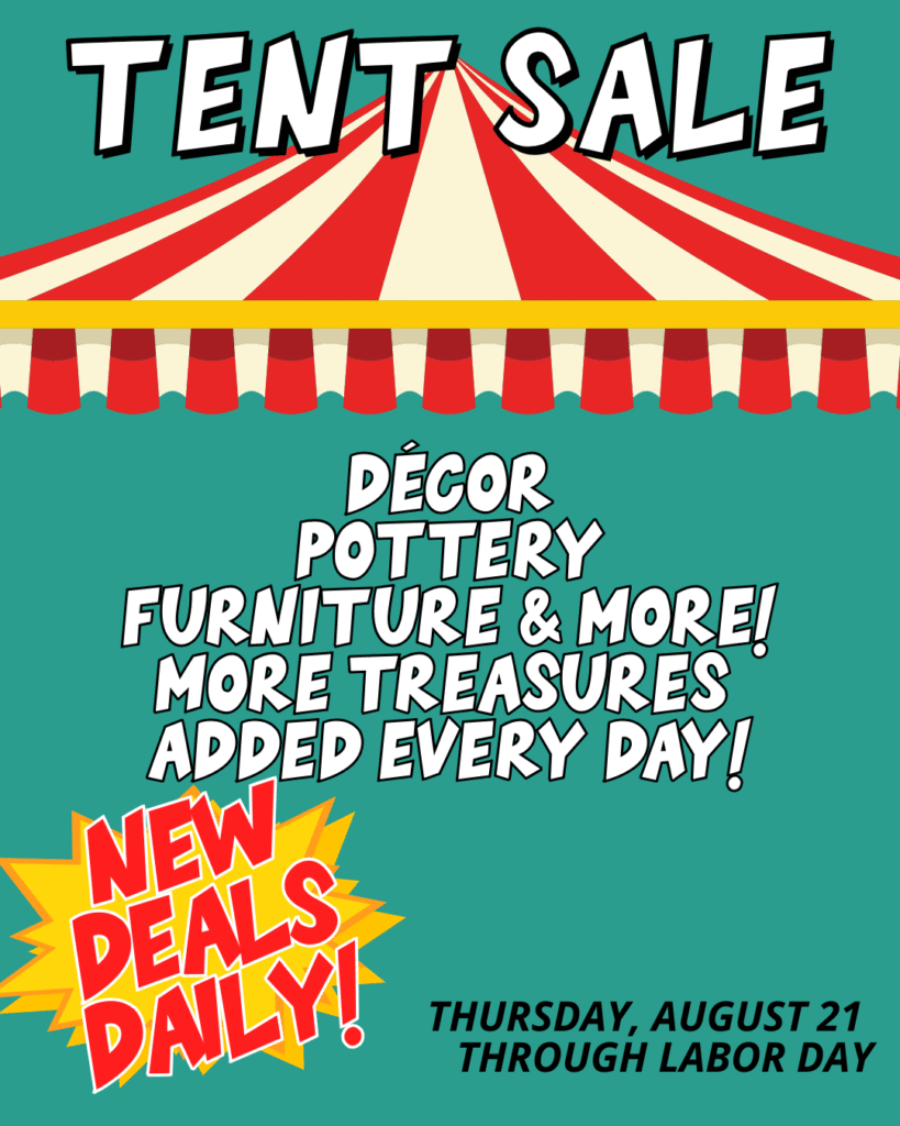 tent-sale-labor-day-thomas-greenhouse-new-deals-daily Red and white tent graphic for Thomas Greenhouse Tent Sale with sign New Deals Daily on décor, pottery, furniture, and more.