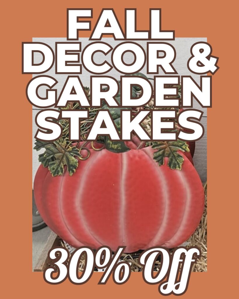 fall-decor-garden-stakes-30off-october-savings-thomas-greenhouse Thomas Greenhouse October Savings sign for fall decor and garden stakes with an orange pumpkin decoration and text 30 percent off